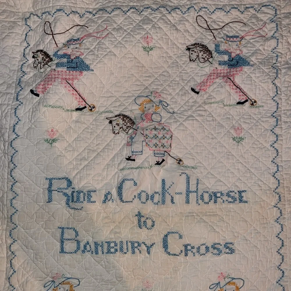 Embroidered Nursery Rhyme Quilt - White and Blue 44” x 36”